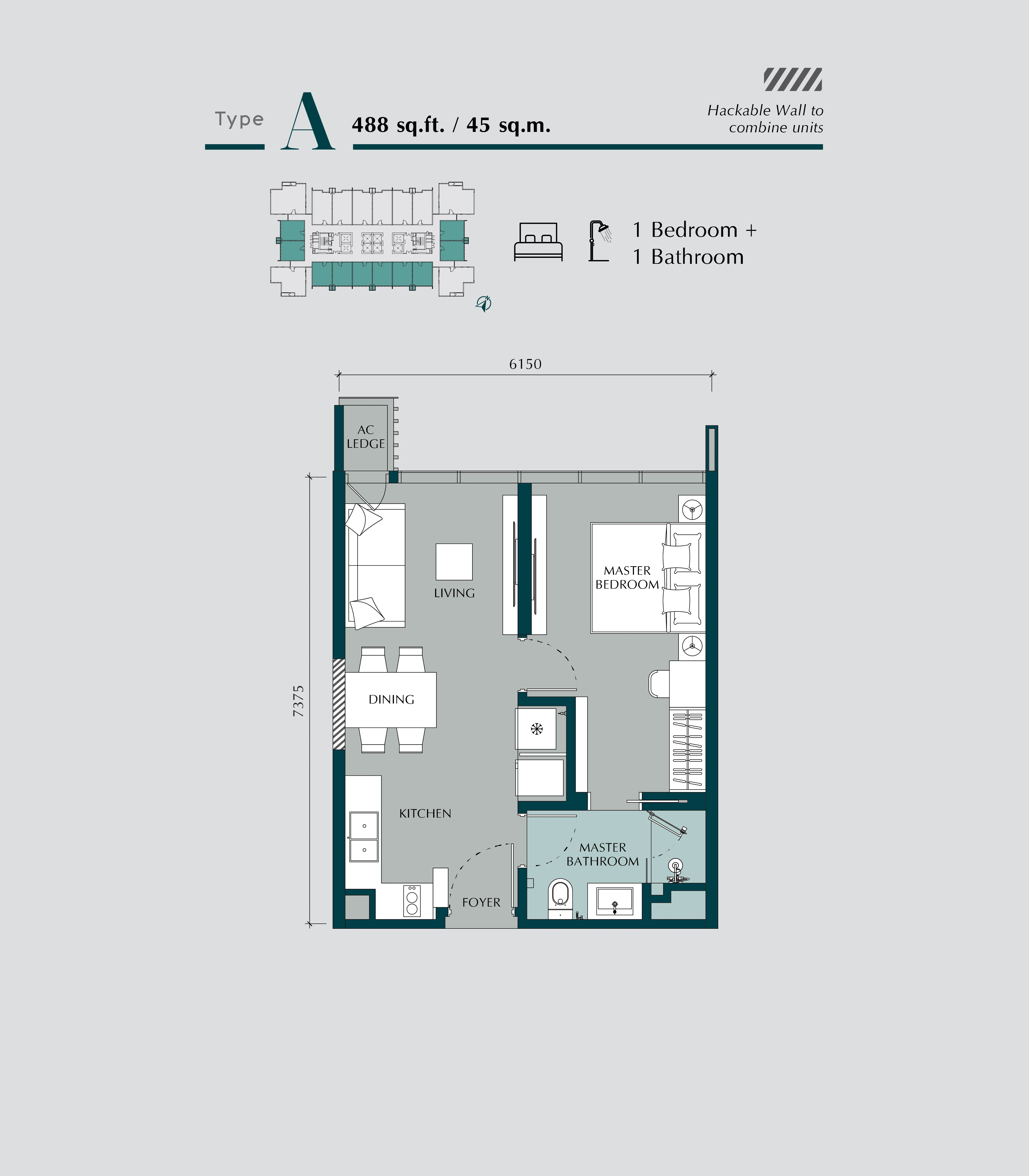 Times Square 2 floor plan Type A 488 sq ft