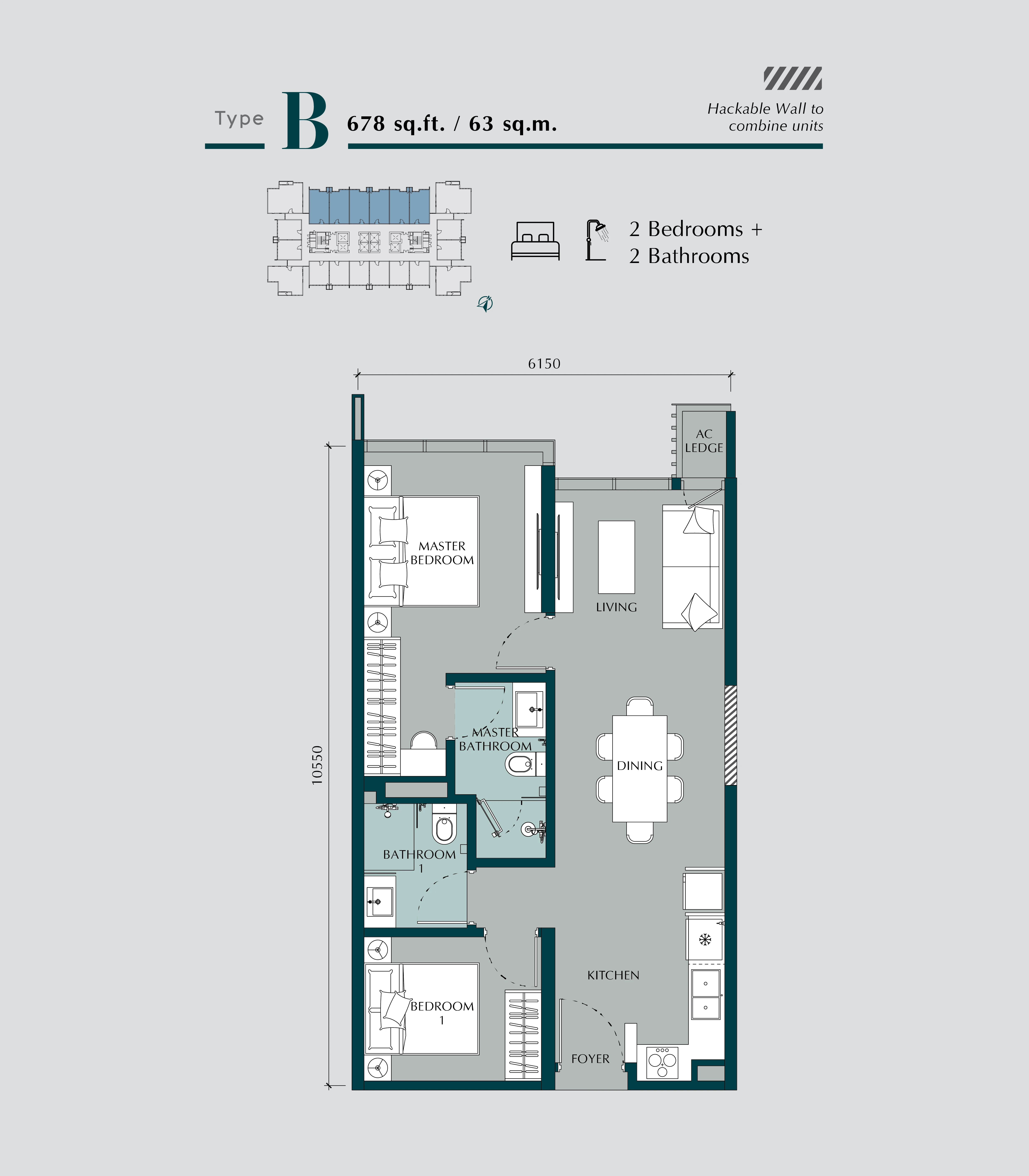 Times Square 2 floor plan Type B 678 sq ft