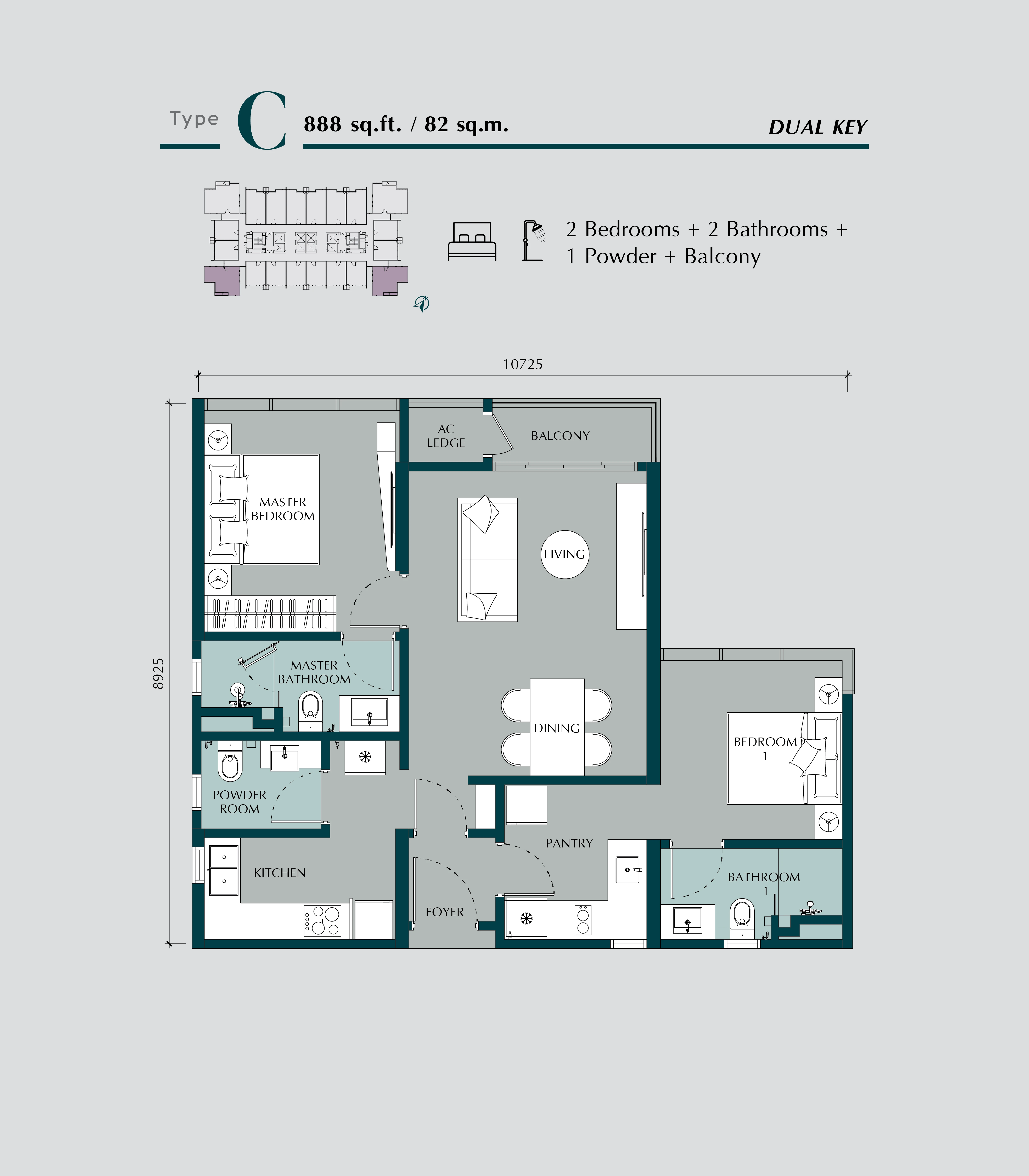 Times Square 2 floor plan Type C dual-key 888 sq ft