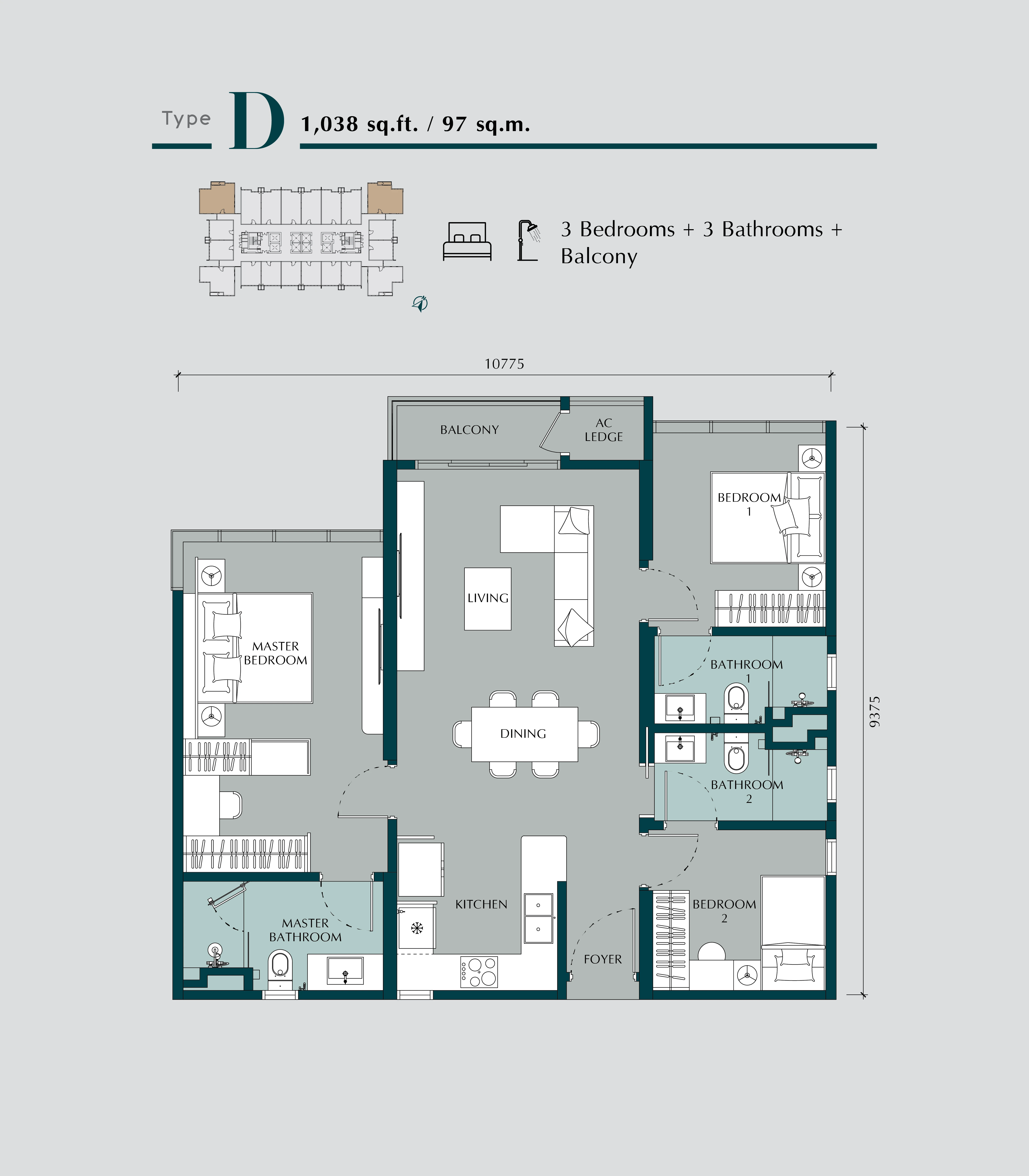 Times Square 2 floor plan Type D 1038 sq ft